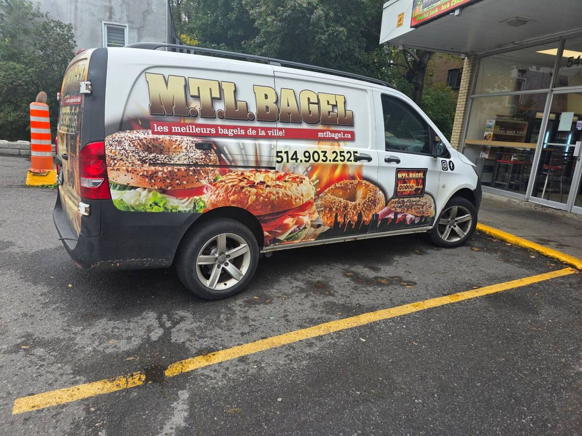 The MTL Bagel delivery van outside the original Côte Saint-Luc bakery